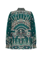 Chain-Print Silk Long-Sleeve Blouse