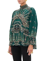 Chain-Print Silk Long-Sleeve Blouse