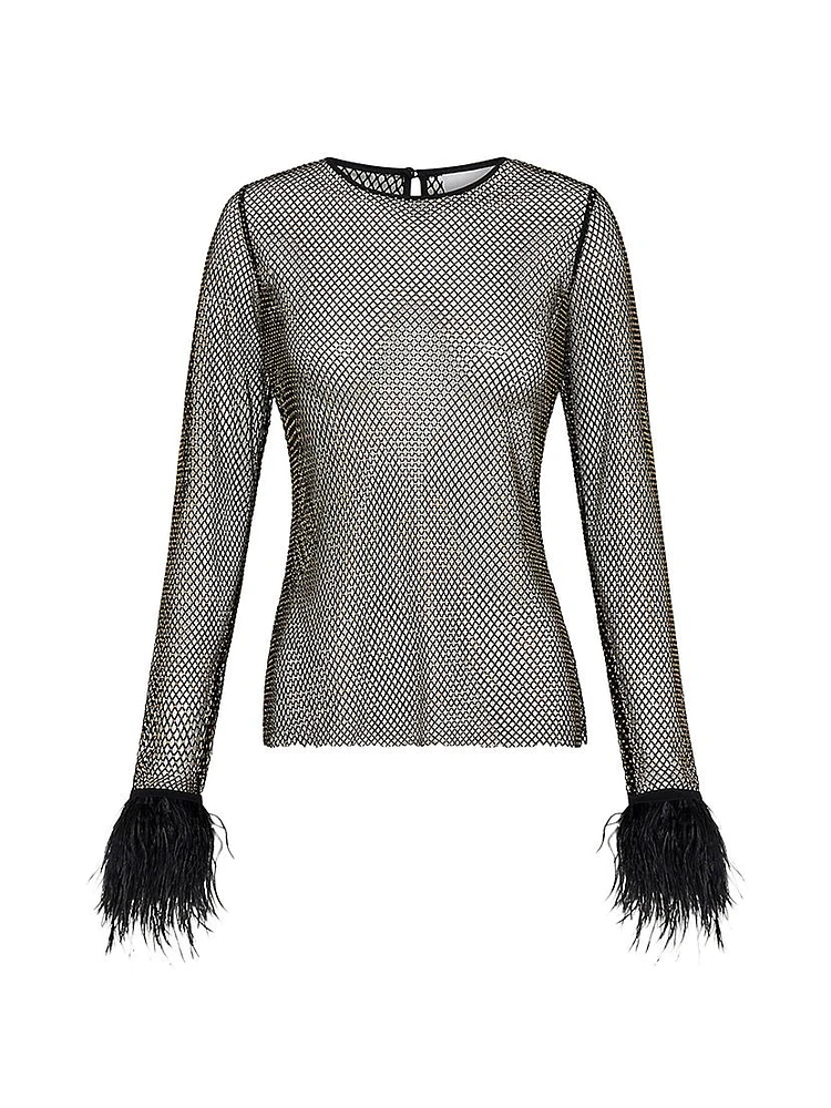 Feather Embellished Hotfix Mesh Blouse