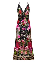 Lace-Trim Floral Silk Midi-Dress