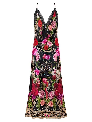 Lace-Trim Floral Silk Midi-Dress