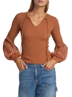 Lenora Balloon-Sleeve Rib-Knit Sweater