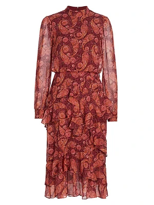 Isa Ruffled Printed Silk Midi-Dress