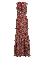 Rita Printed Silk Ruffle Dress