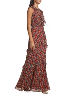 Rita Printed Silk Ruffle Dress