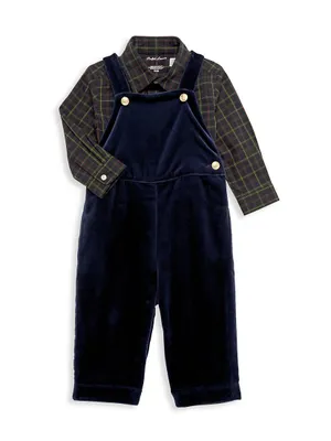 Baby Boy's Plaid Shirt & Velvet Overalls Set