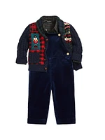 Baby Boy's Plaid Shirt & Velvet Overalls Set