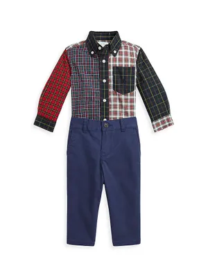 Baby Boy's 2-Piece Mixed Media Plaid Shirt & Pants Set
