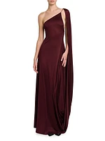 Satin Cape One-Shoulder Gown