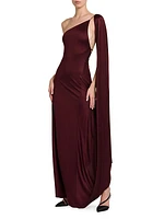 Satin Cape One-Shoulder Gown