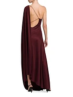 Satin Cape One-Shoulder Gown