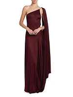 Satin Cape One-Shoulder Gown