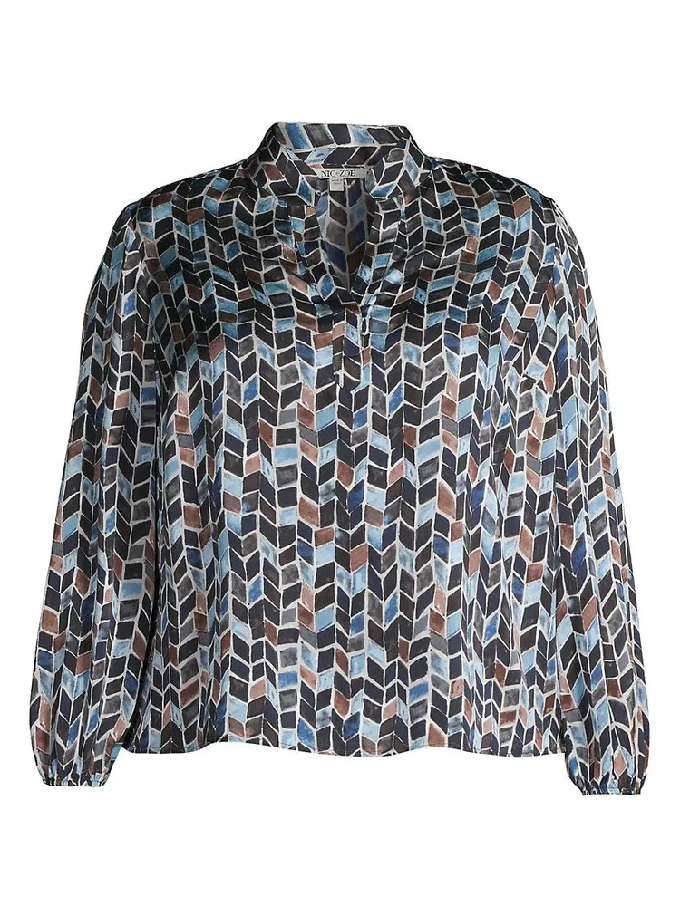 Herringbone Blues Geometric V-Neck Blouse