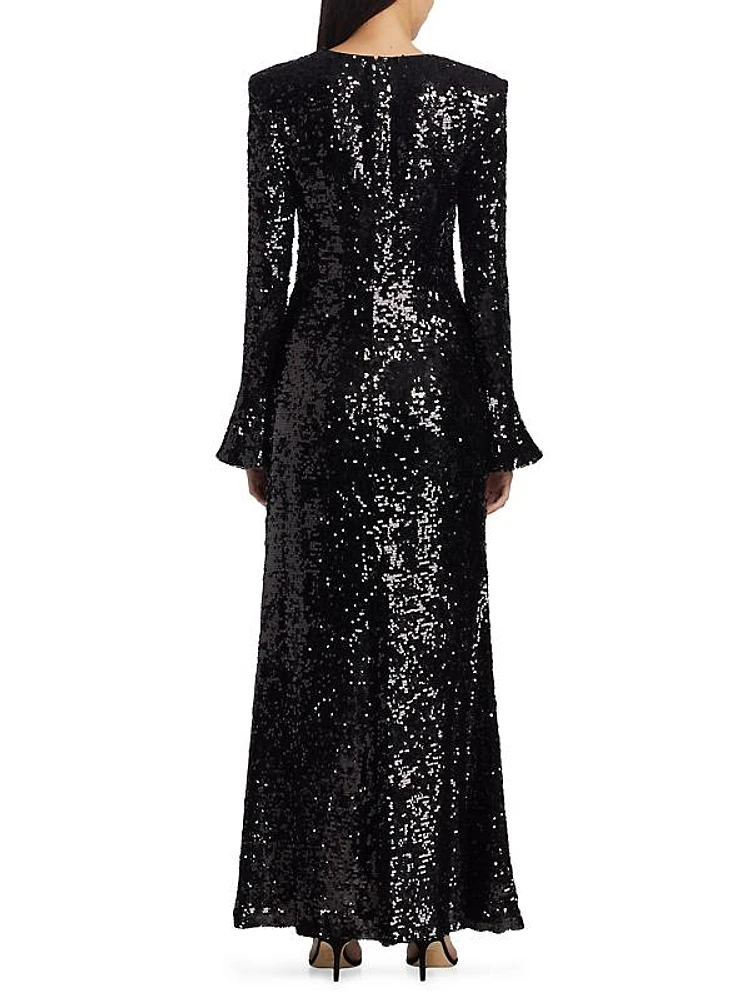 Sequined Flare-Sleeve Maxi Dress