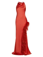 Feather-Trimmed Satin Halter Gown