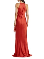 Feather-Trimmed Satin Halter Gown