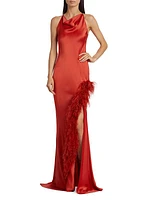 Feather-Trimmed Satin Halter Gown