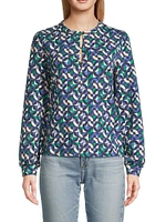 Geo Waves Stretch Cotton-Blend Blouse