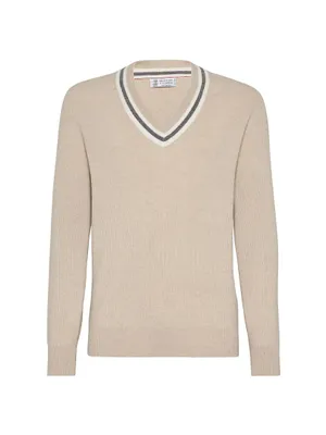 Cashmere English Rib Sweater With Stripe V Neck
