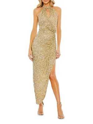 Sequined Keyhole-Neck Asymmetrical Gown