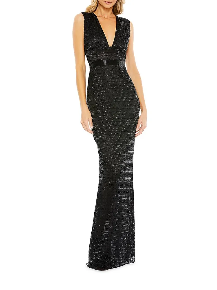 Beaded V-Neck Column Gown