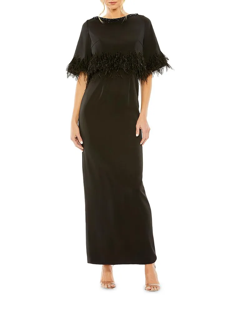 Sating Feather-Trimmed Cape Maxi Dress