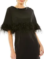 Sating Feather-Trimmed Cape Maxi Dress