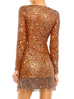 Sequined V-Neck Fringe Minidress