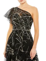 Metallic Threaded One-Shoulder A-Line Dress