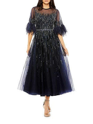 Feather-Trimmed Sequined A-Line Gown