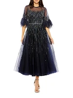 Feather-Trimmed Sequined A-Line Gown