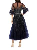 Feather-Trimmed Sequined A-Line Gown