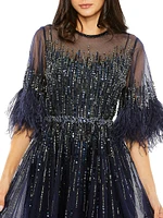 Feather-Trimmed Sequined A-Line Gown