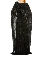 Sequined Column Cape Gown