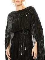 Sequined Column Cape Gown