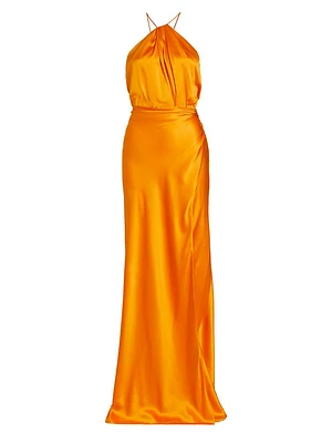 Satin Silk Pleated Halter Gown