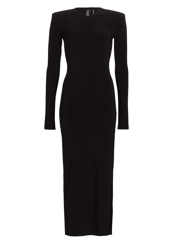 Shoulder-Pad Long-Sleeve Maxi Dress