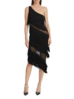 Spliced One-Shoulder Fringe Midi-Dress