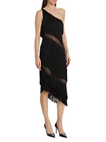 Spliced One-Shoulder Fringe Midi-Dress