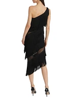 Spliced One-Shoulder Fringe Midi-Dress