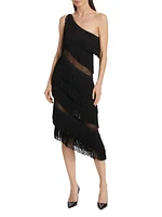 Spliced One-Shoulder Fringe Midi-Dress