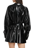 Faux Patent Leather Oversized Tie-Waist Shirtdress