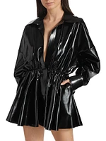 Faux Patent Leather Oversized Tie-Waist Shirtdress