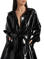 Faux Patent Leather Oversized Tie-Waist Shirtdress