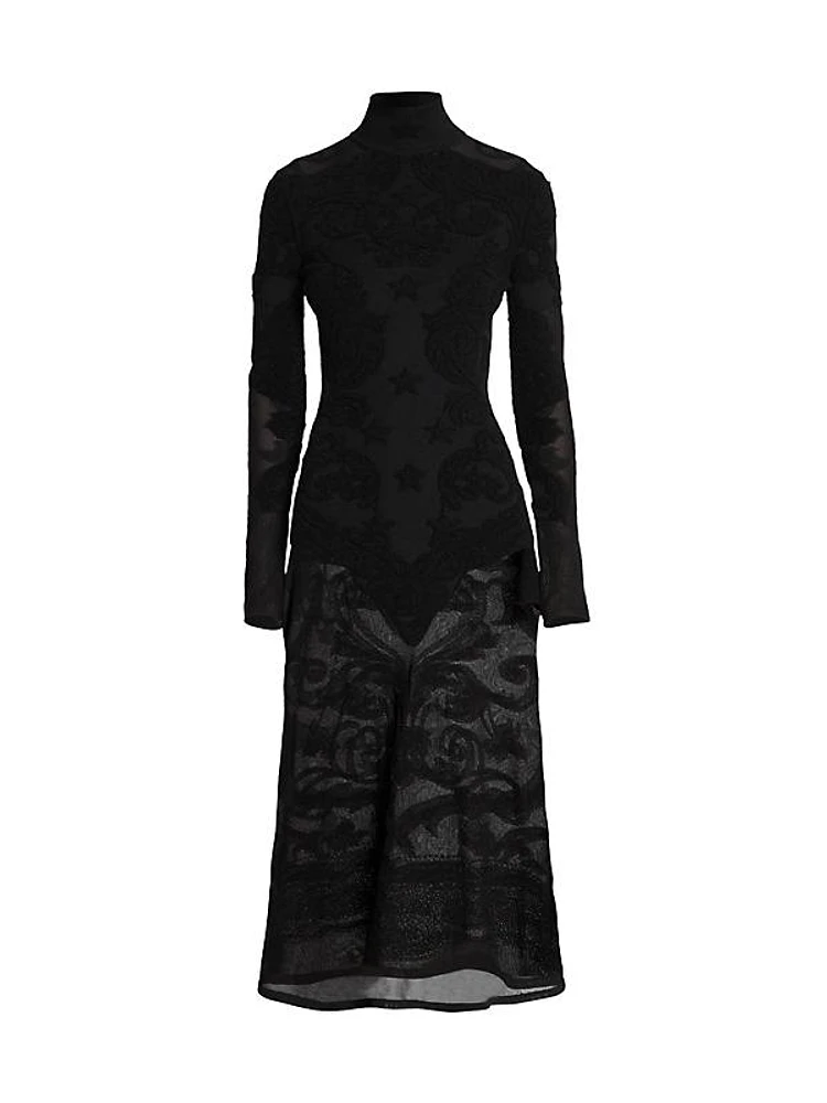 Baroque Pattern Wool Sheer Midi-Dress