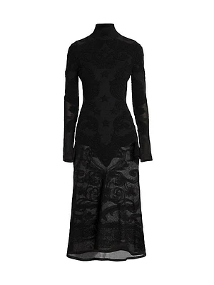 Baroque Pattern Wool Sheer Midi-Dress