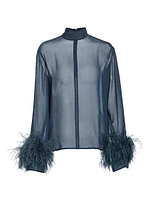 Feather-Trimmed Satin Sheer Blouse