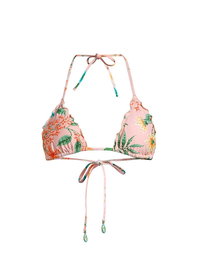 Beaded Floral Lettuce-Edge Triangle Bikini Top