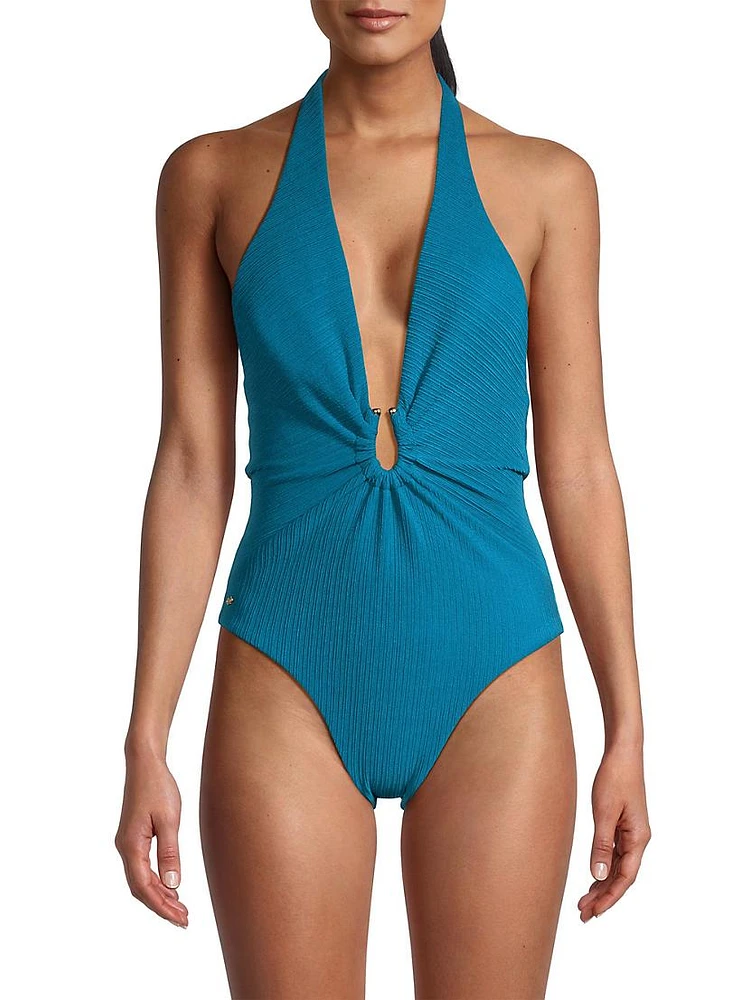 Ruched Halter One-Piece Swimsuit