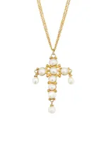 18K Yellow Gold & Natural Pearl Cross Pendant Necklace